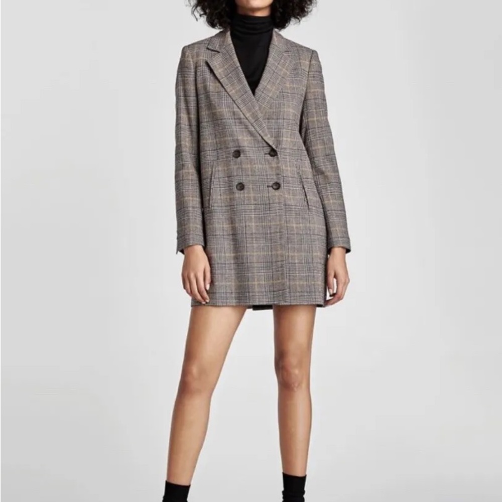 Zara Double-Breasted Checkered Plaid Coat